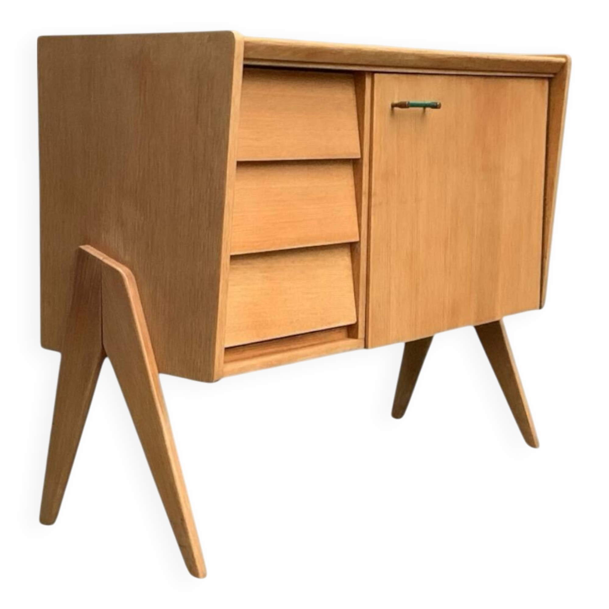 Vintage chest of drawers with compass legs, light oak, 1960s