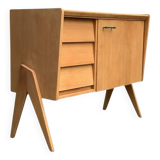 Buffet commode vintage pieds compas chêne clair 1960