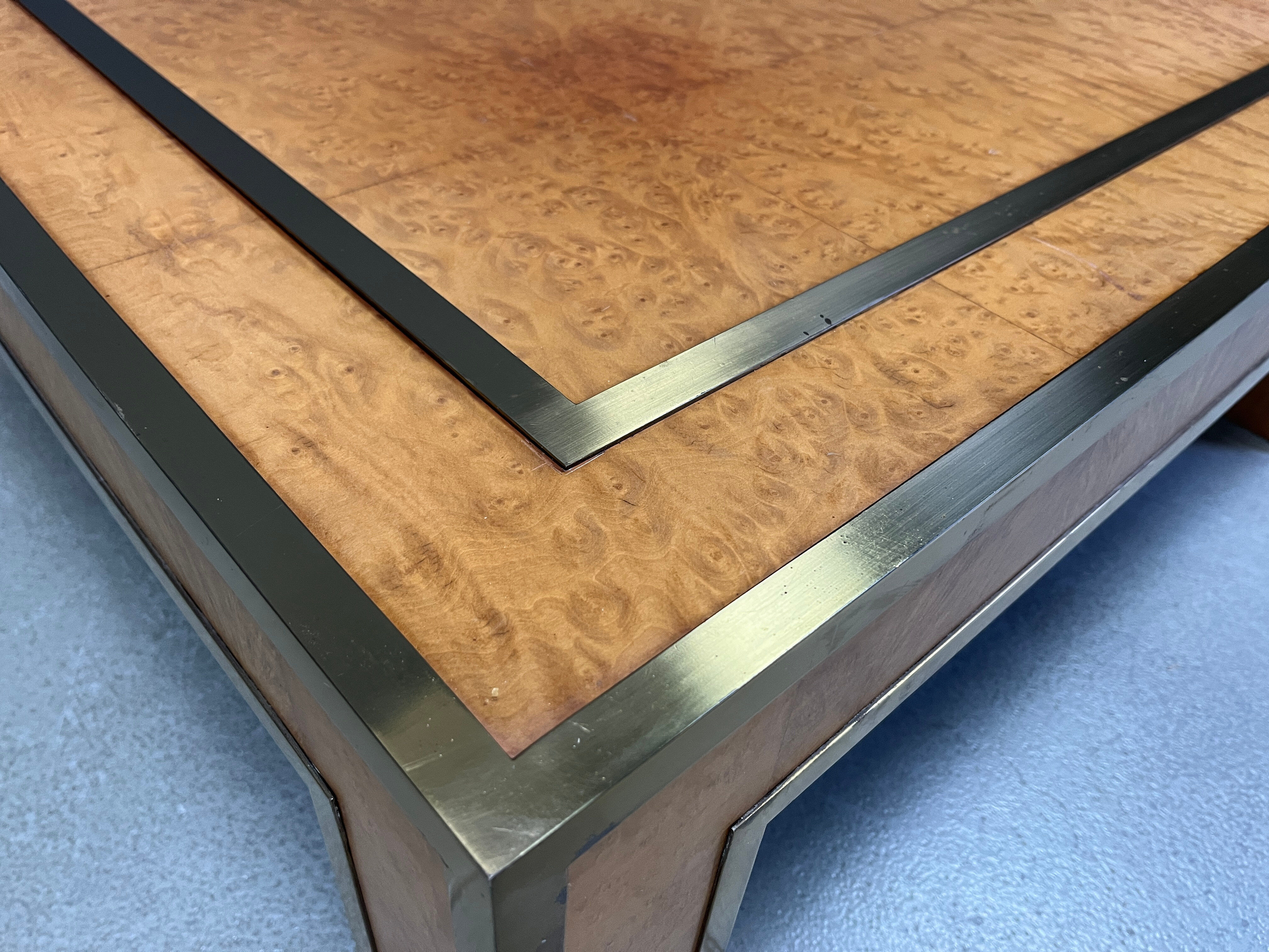 Brass and burl wood coffee table by Jean Claude Mahey, 1970s