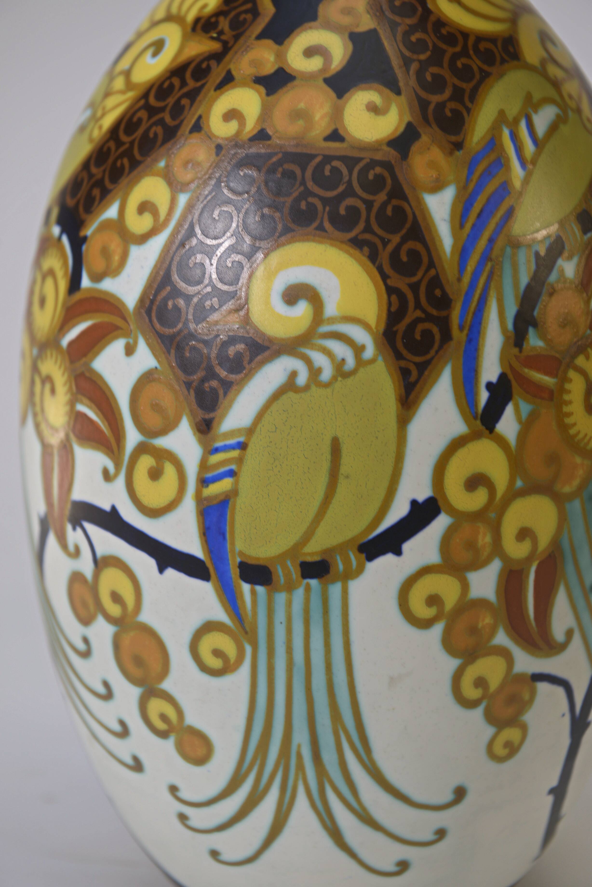 Keramis art deco porcelain vase signed jan wind "birds of paradise"