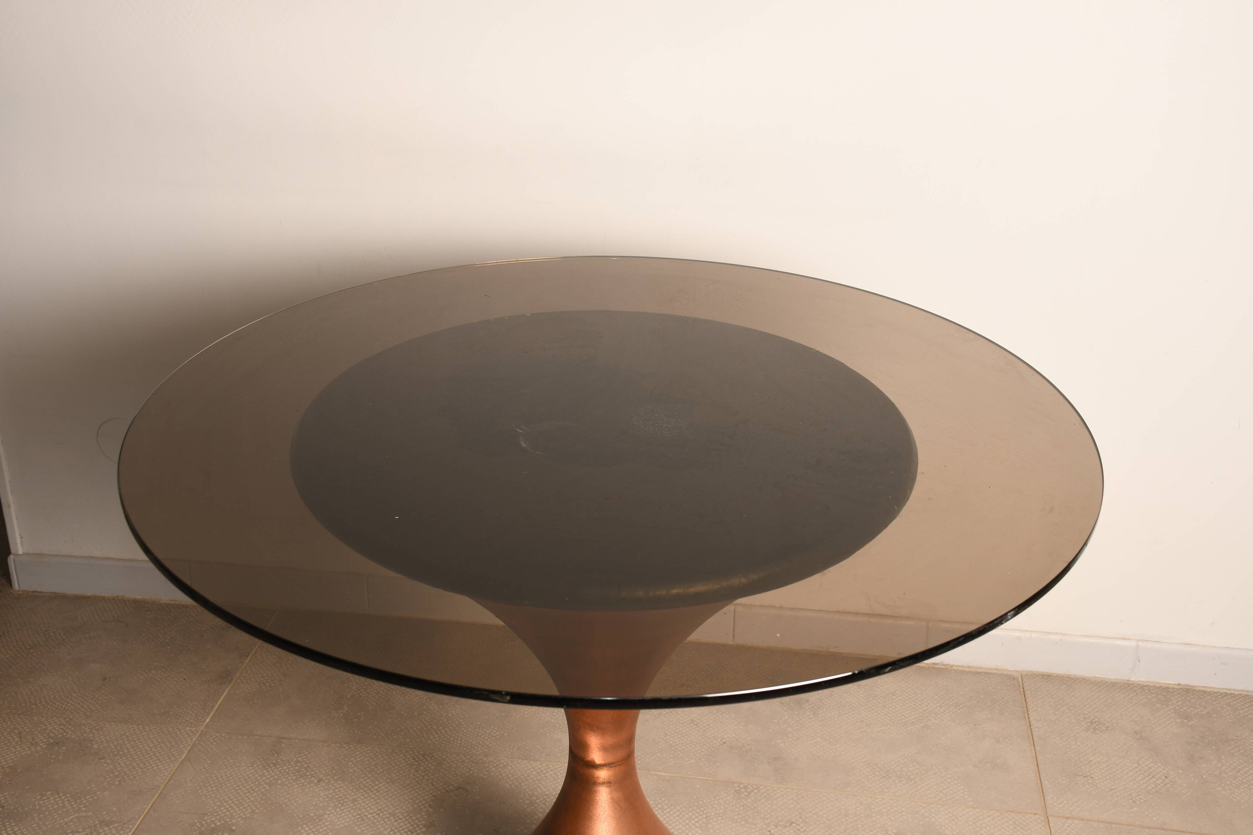 Copper table, smoked glass top from the 60s