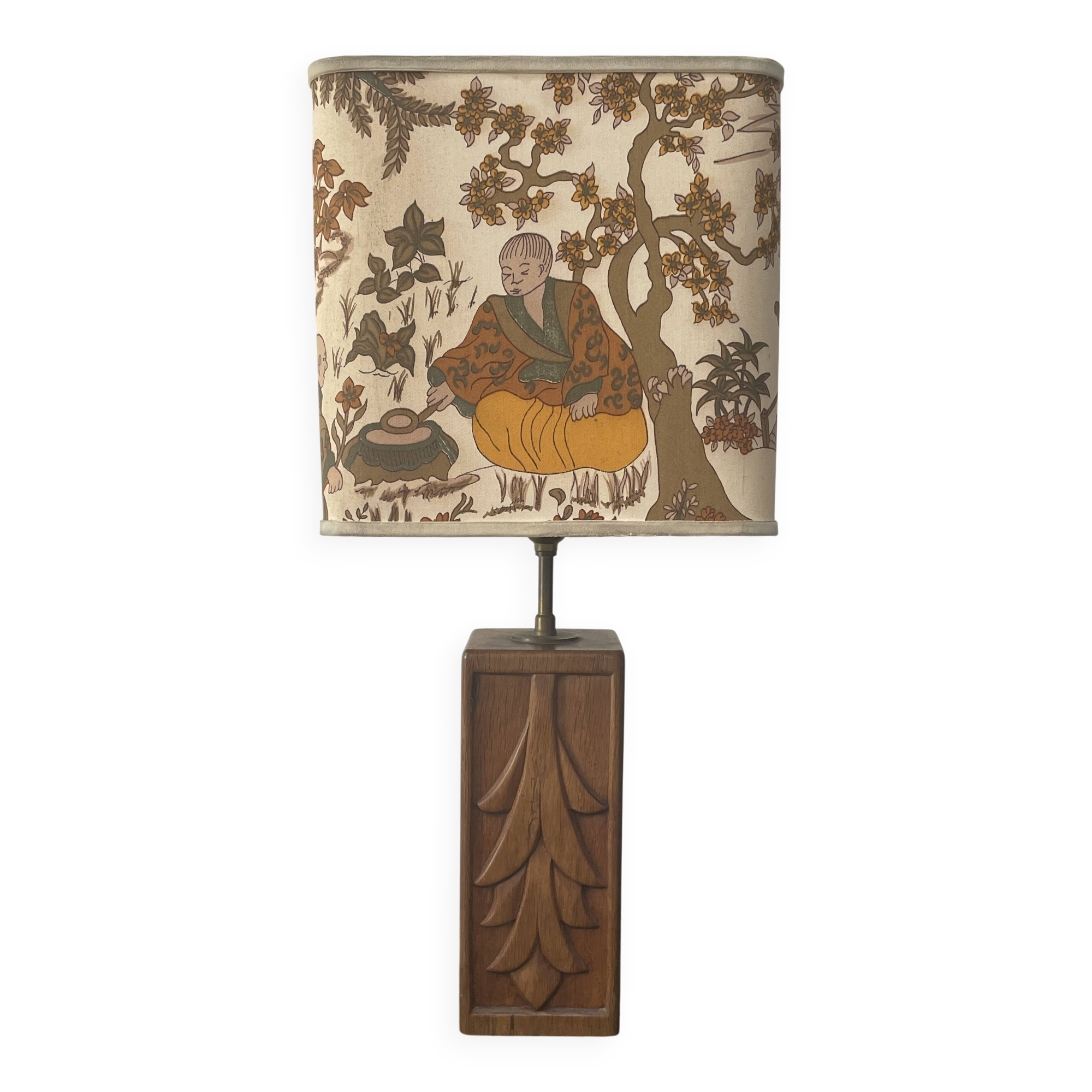 Wooden lamp with carved plant decoration from 1930-50, sold with a 1970 lampshade.