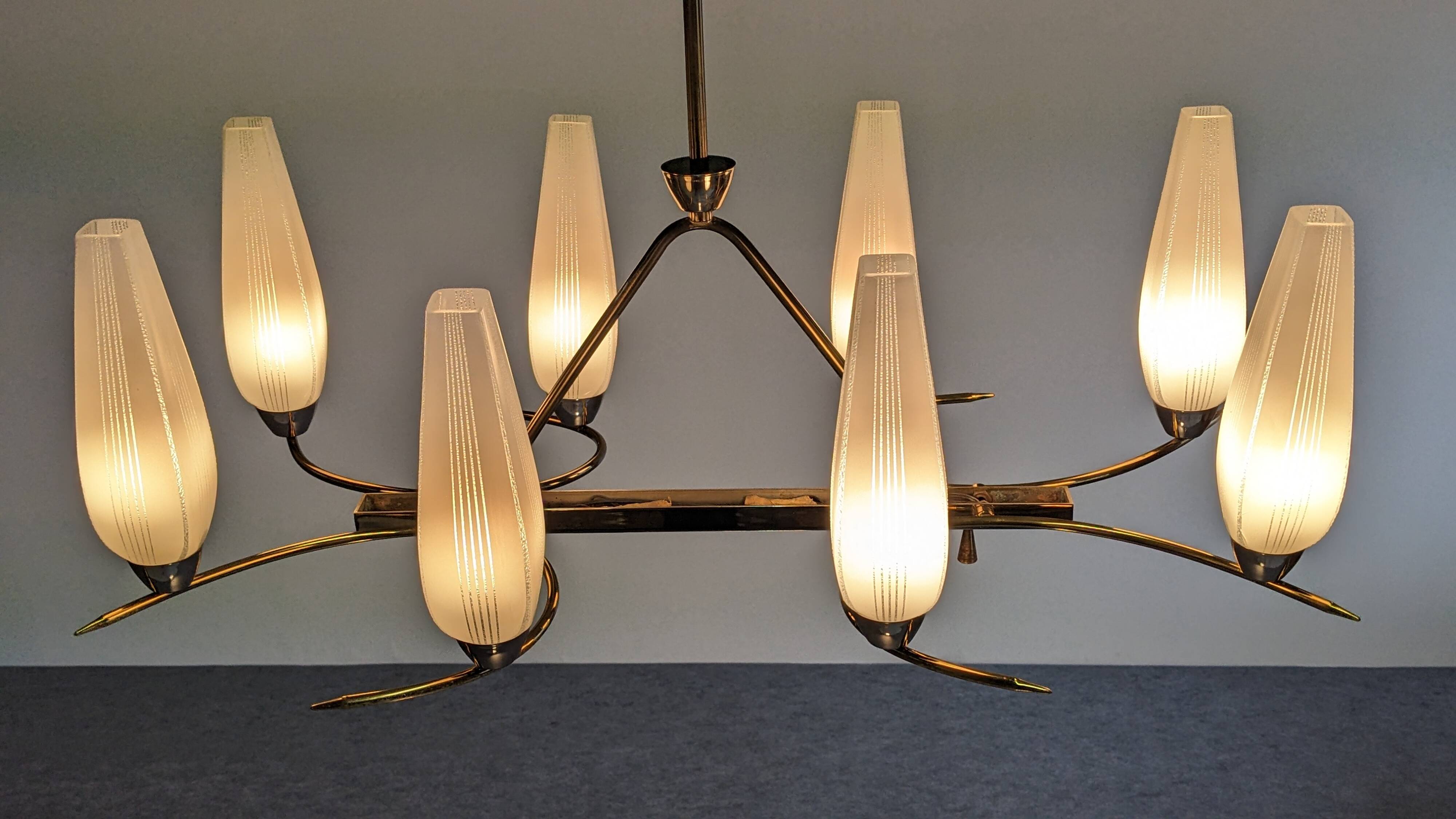 8-light brass chandelier, 50s-60s
