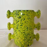 Handmade green speckled yellow ceramic vase with abstract handles