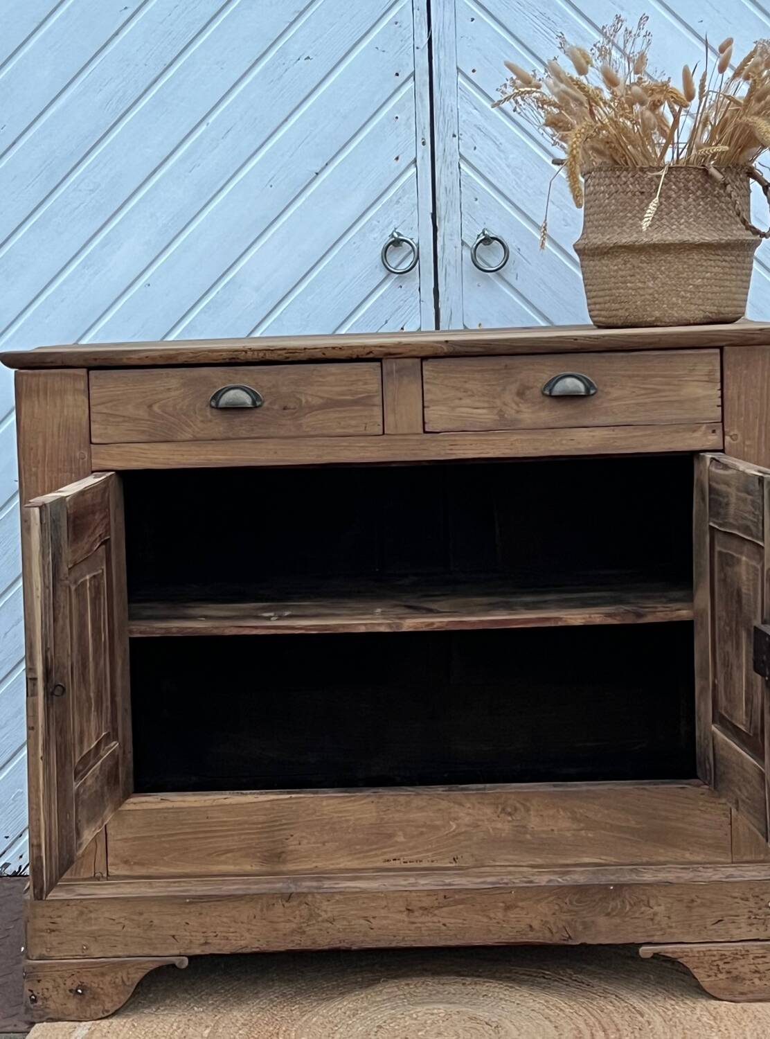 Antique sideboard with 2 drawers in solid raw oak, chic country style