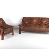 Brutalist leather sofa and armchair set, 1970s