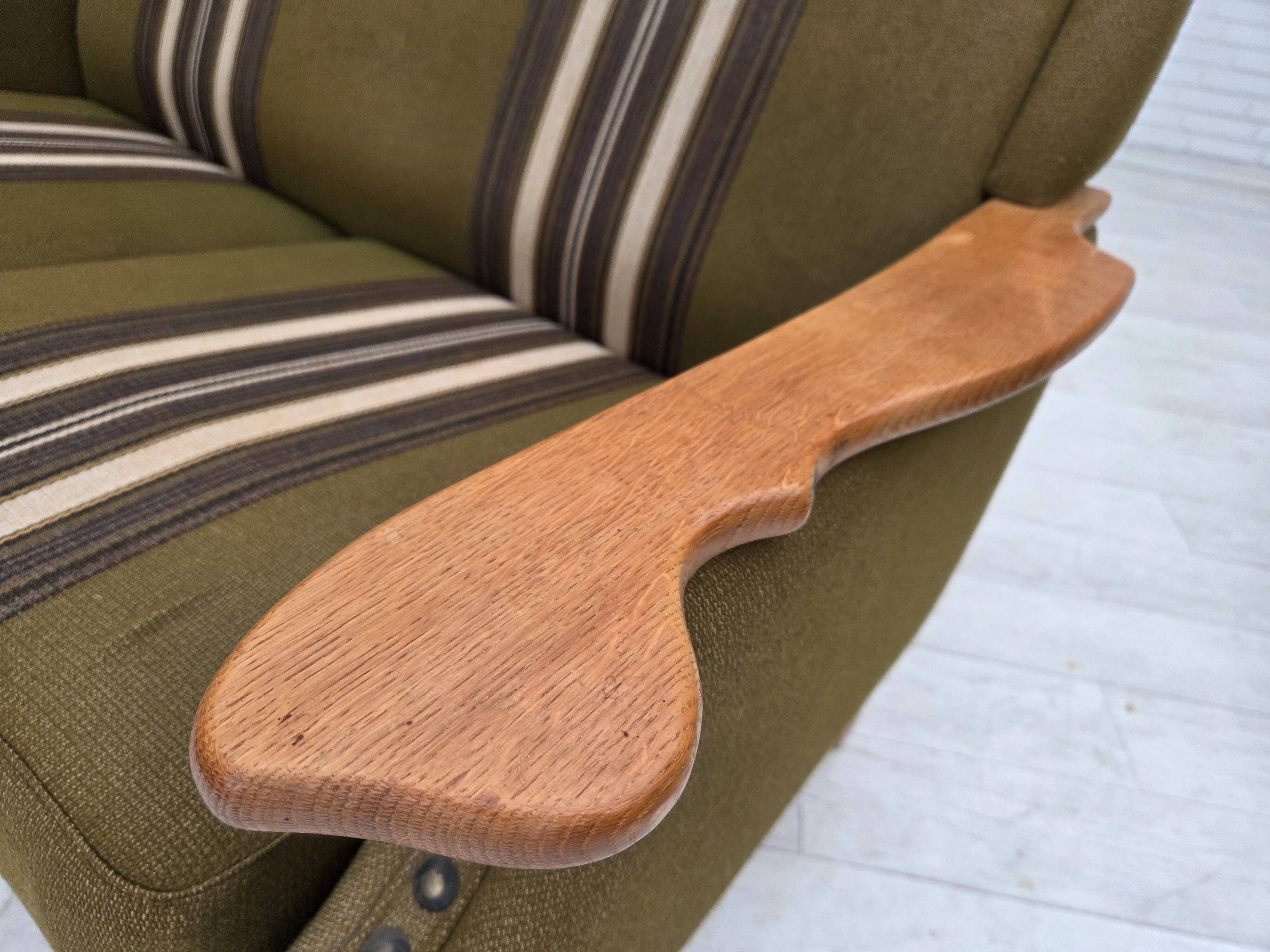 1970s, Danish 2-seater sofa, green furniture wool, oak wood.