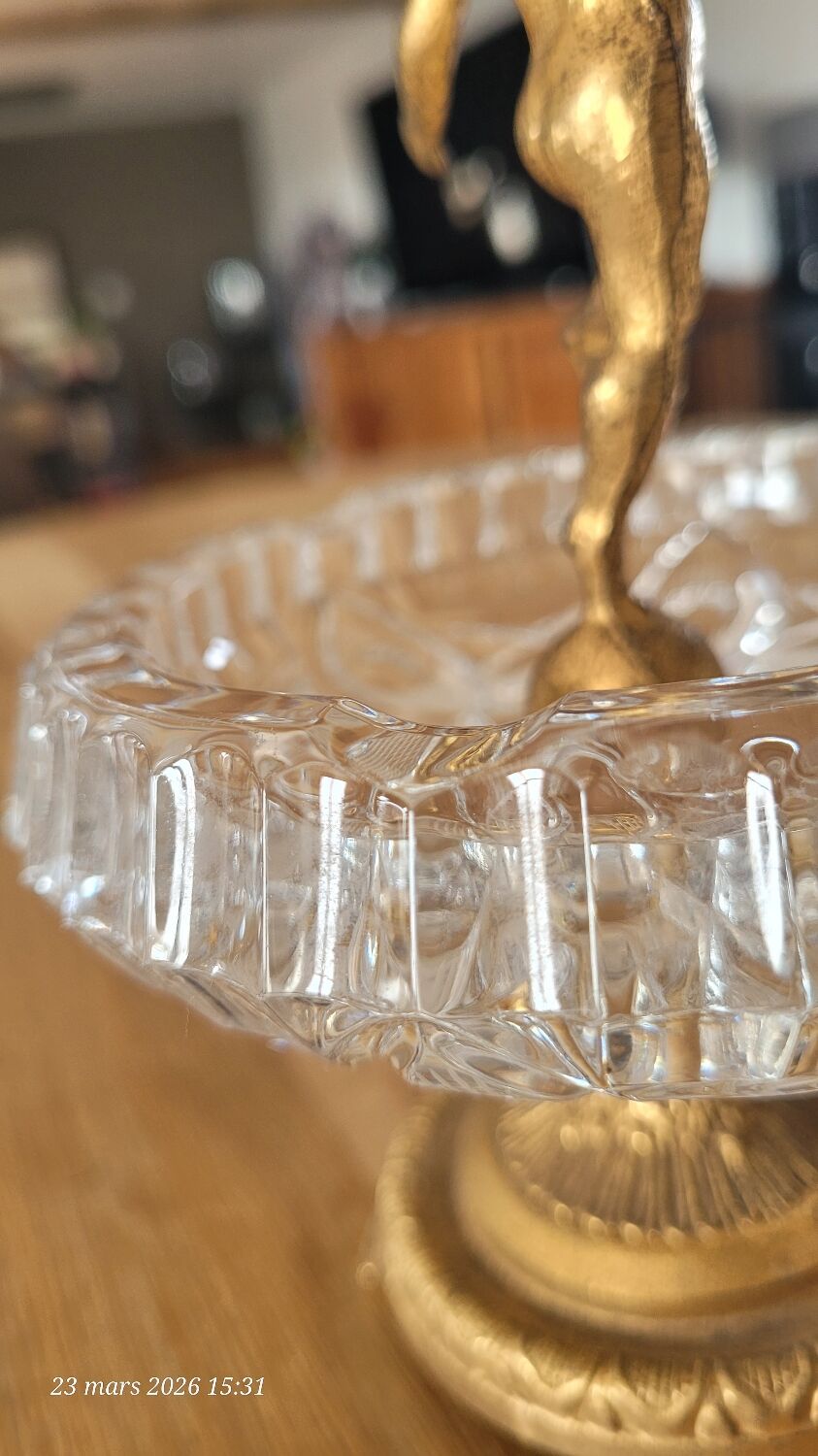 Tray / ashtray on a stand with cherub (glass and gilded metal)