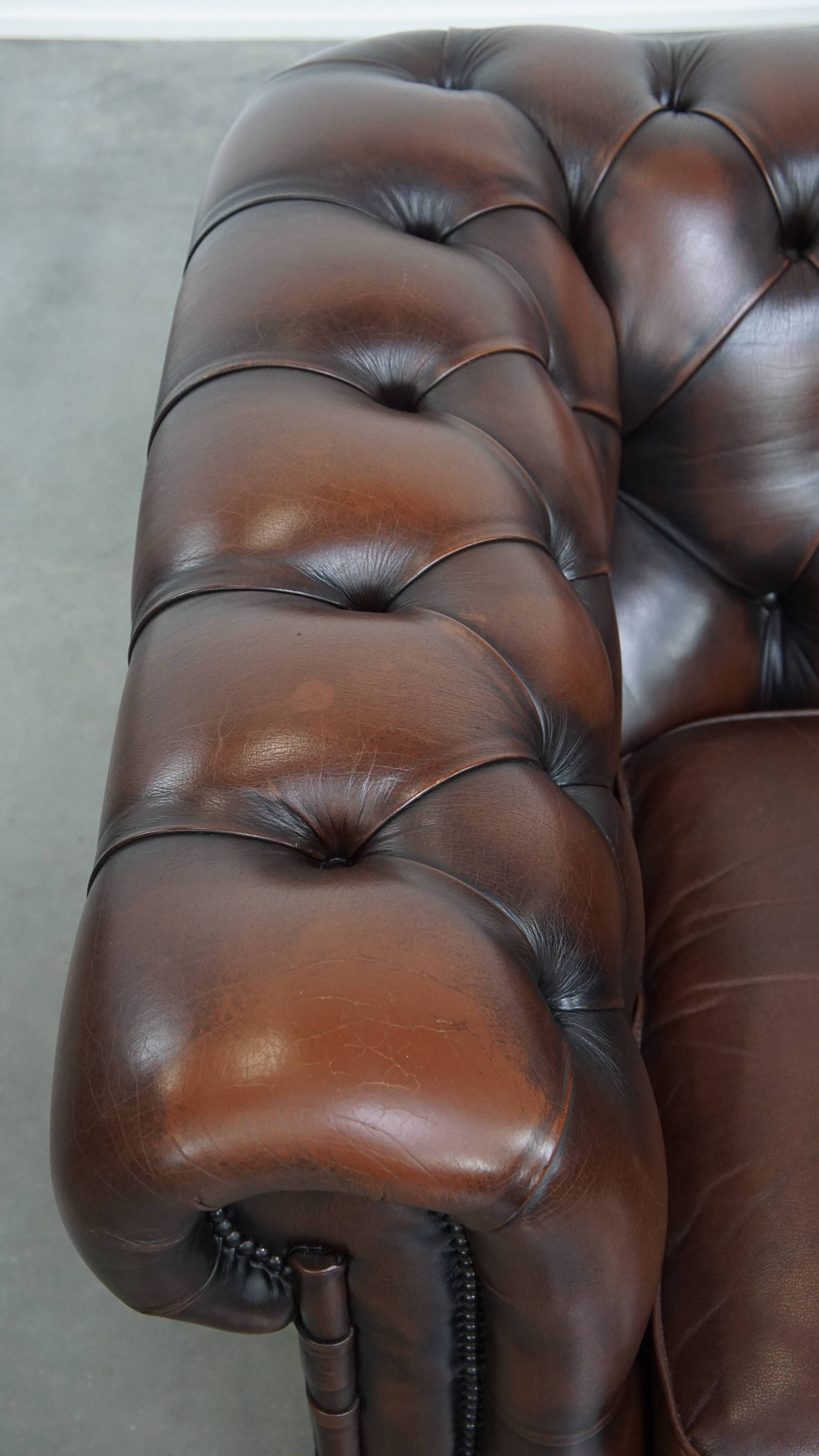 Dark brown English cowhide leather chesterfield armchair