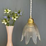 Vintage tulip flower pendant light in ribbed glass