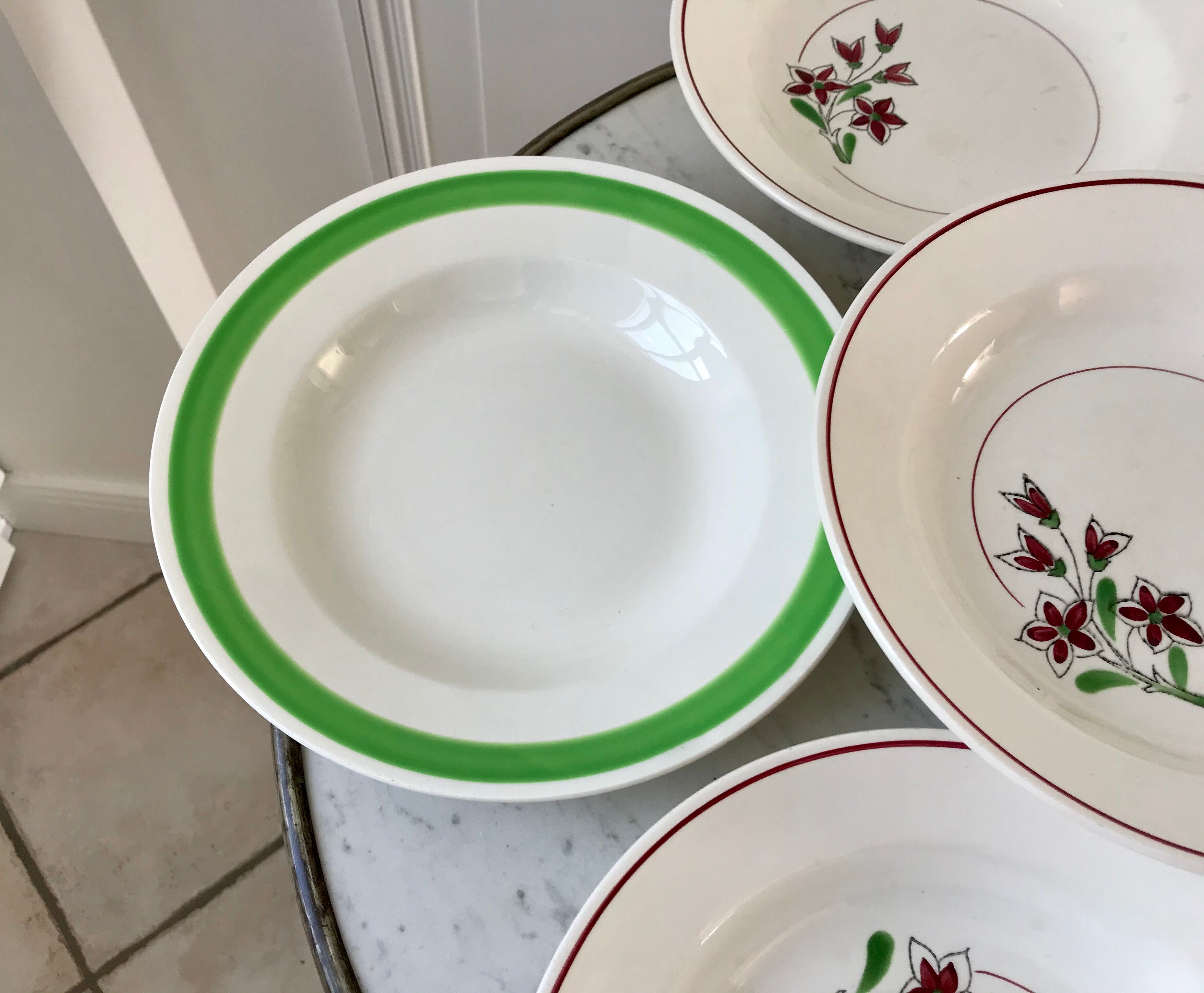 Set of 6 green and pink hollow plates Salins and Niderviller 40s