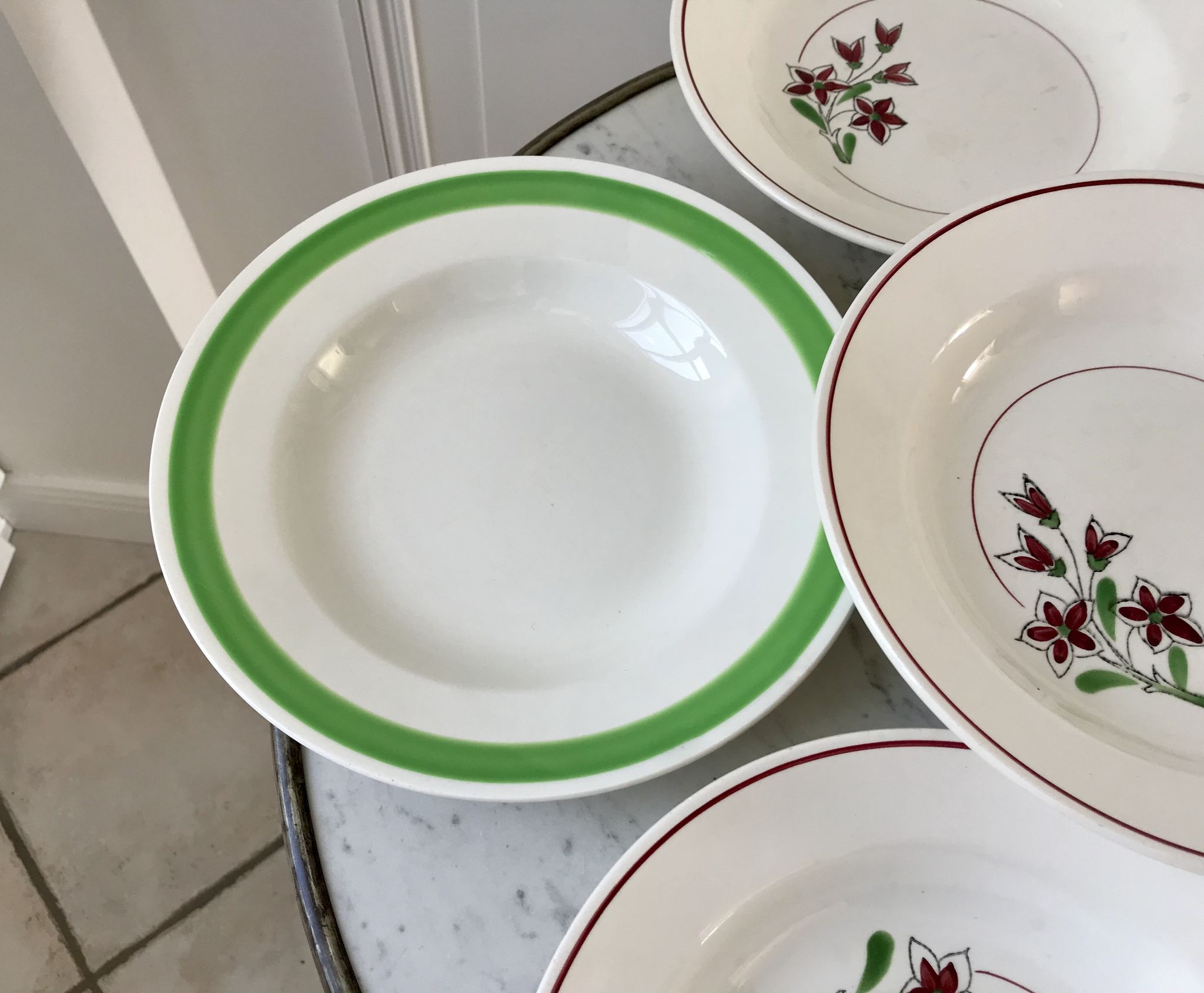 Set of 6 green and pink hollow plates Salins and Niderviller 40s