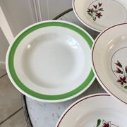 Set of 6 green and pink hollow plates Salins and Niderviller 40s