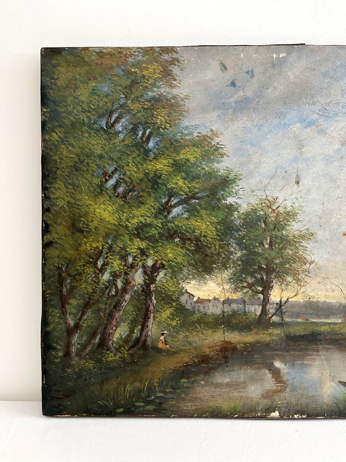 Old oil painting on canvas of a landscape by the pond.