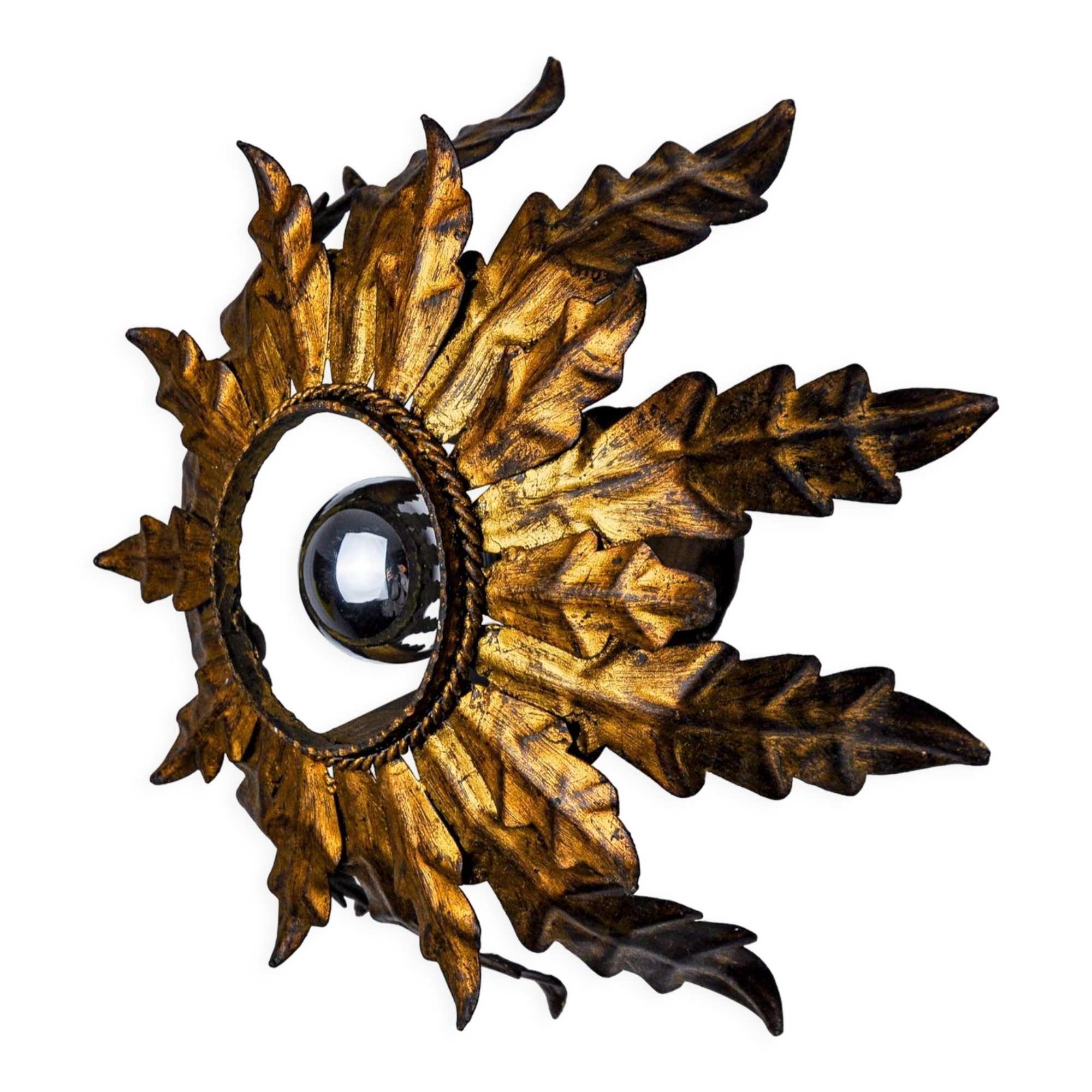 Sun wall lamp by ferro arte, metal and gold leaf, Spain, 1960