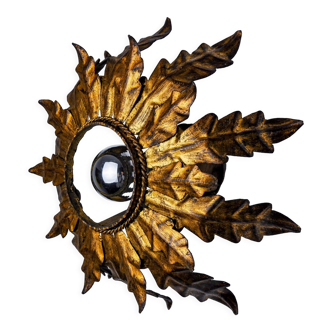 Sun wall lamp by ferro arte, metal and gold leaf, Spain, 1960