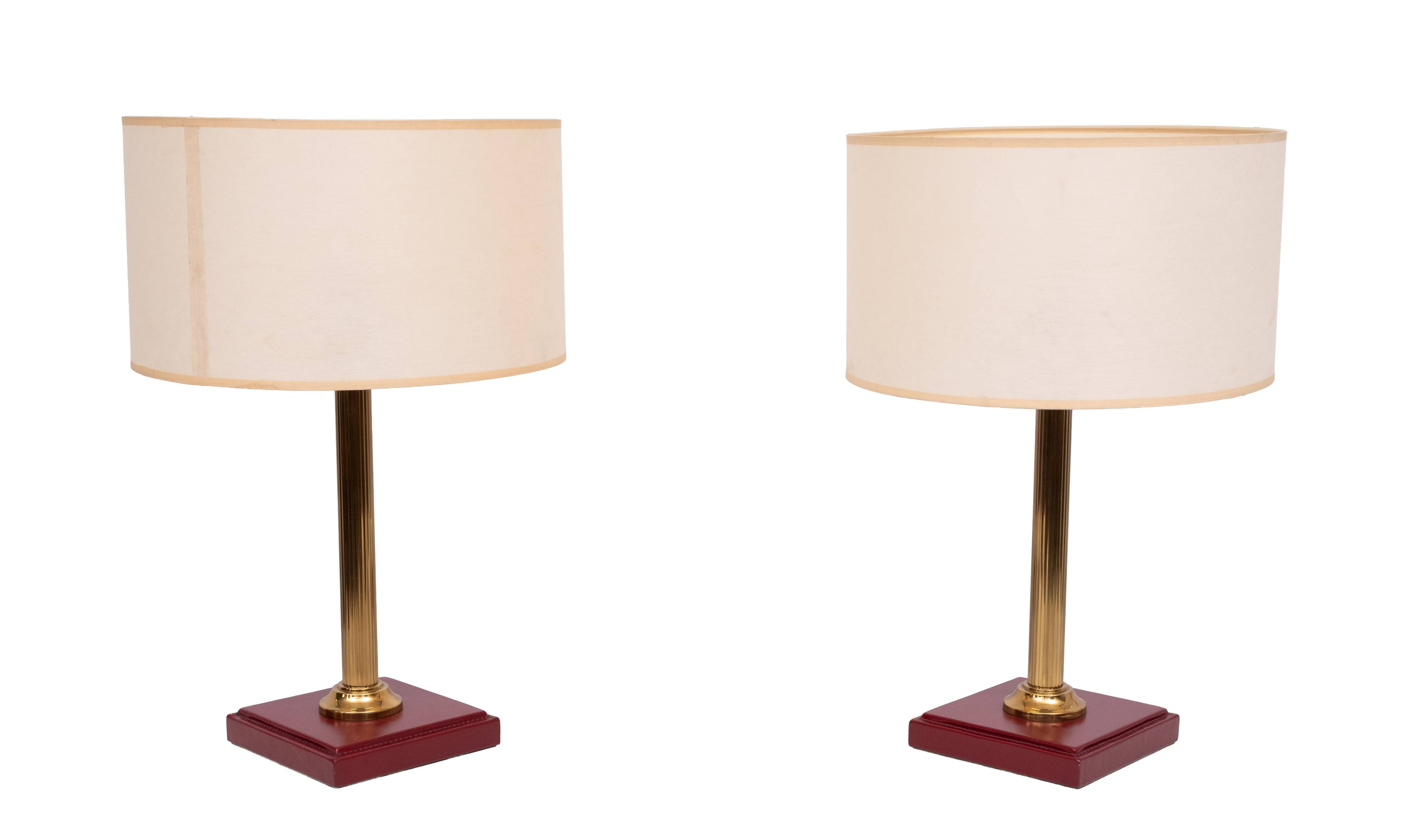 set Jacques Adnet Red Stich Leather Table lamps 1960s France