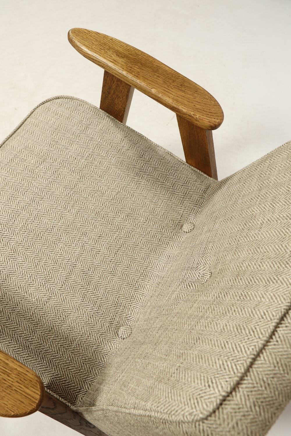 Vintage armchair in natural rustic oak wood herringbone fabric modern design by Chierovsky