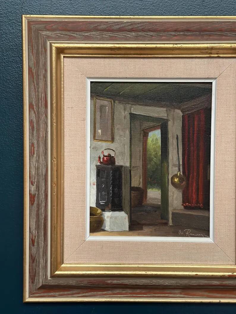Original Swedish Oil on Canvas – 'Kitchen II' by Osvald Rasmussen – Signed – Vintage and Framed – 41 × 37 cm (16.1" × 14.6")