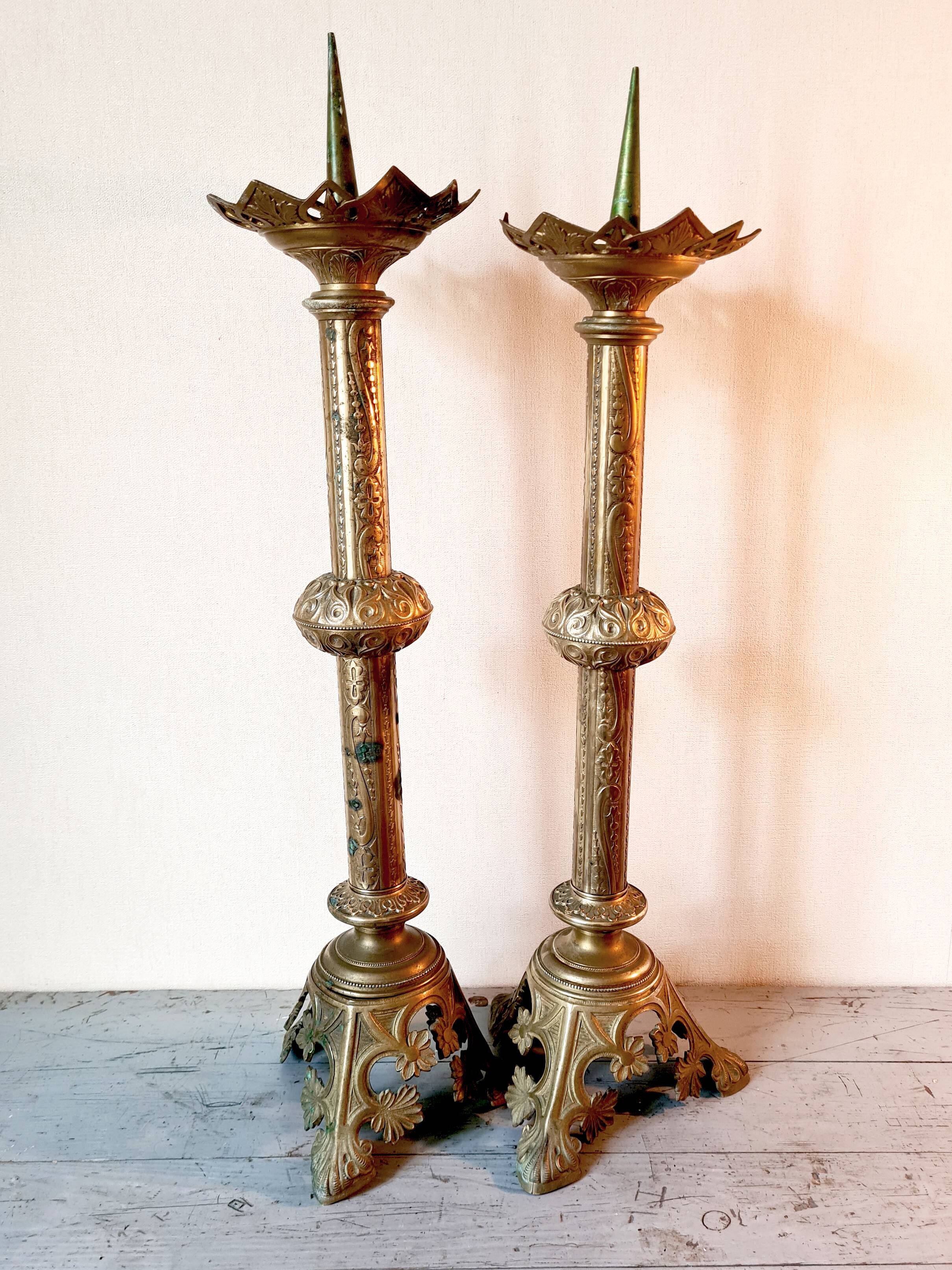 Pair of large Empire solid brass candlesticks – 78 cm