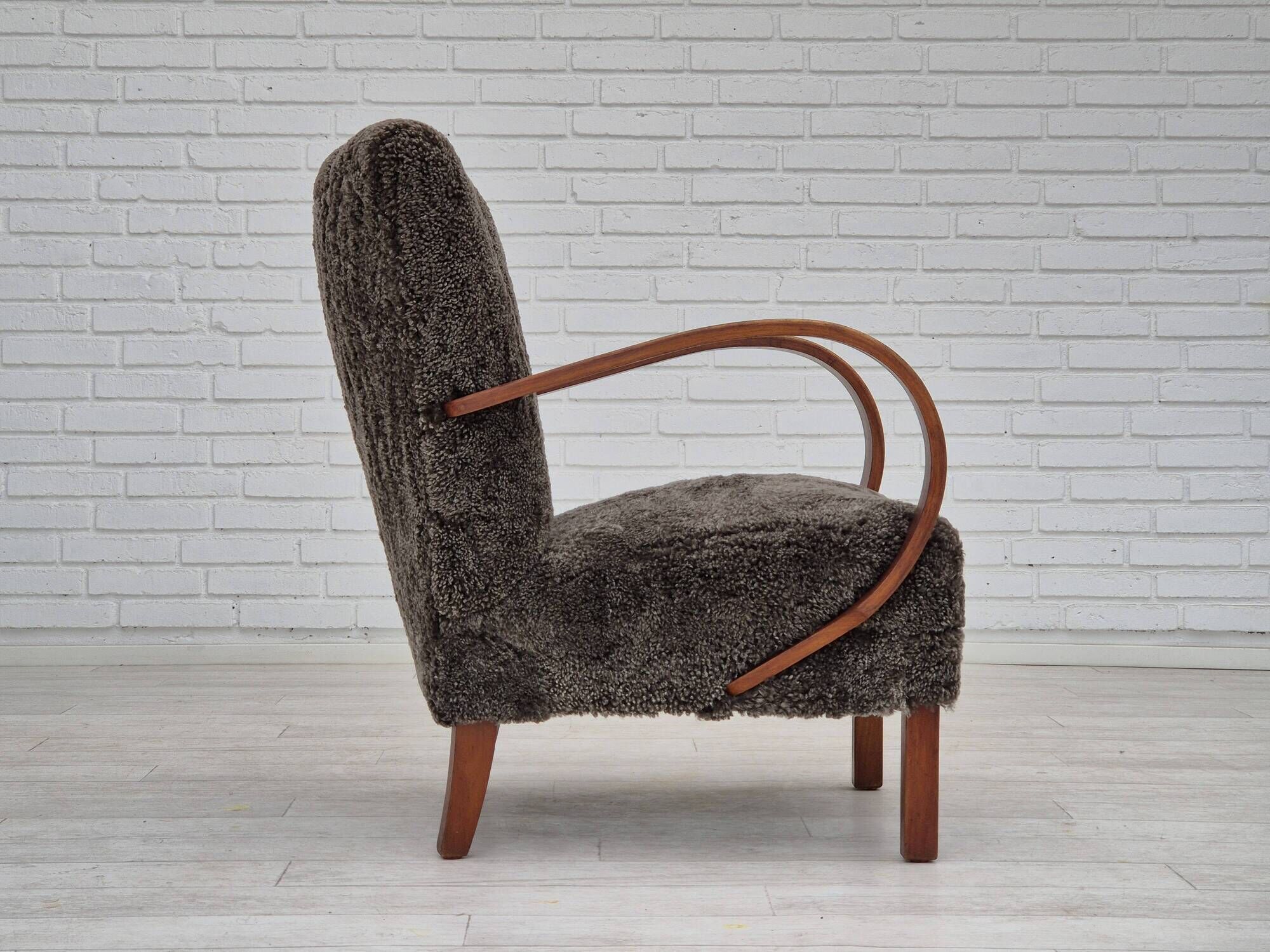 1950s, Danish design, reupholstered armchair, genuine sheepskin "Wellington".