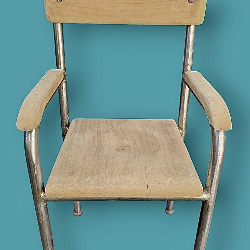 Antique wooden and metal children's chair with armrests – circa 1960