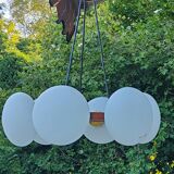 Scandinavian teak and white opaline chandelier with 6 lights from the 70s