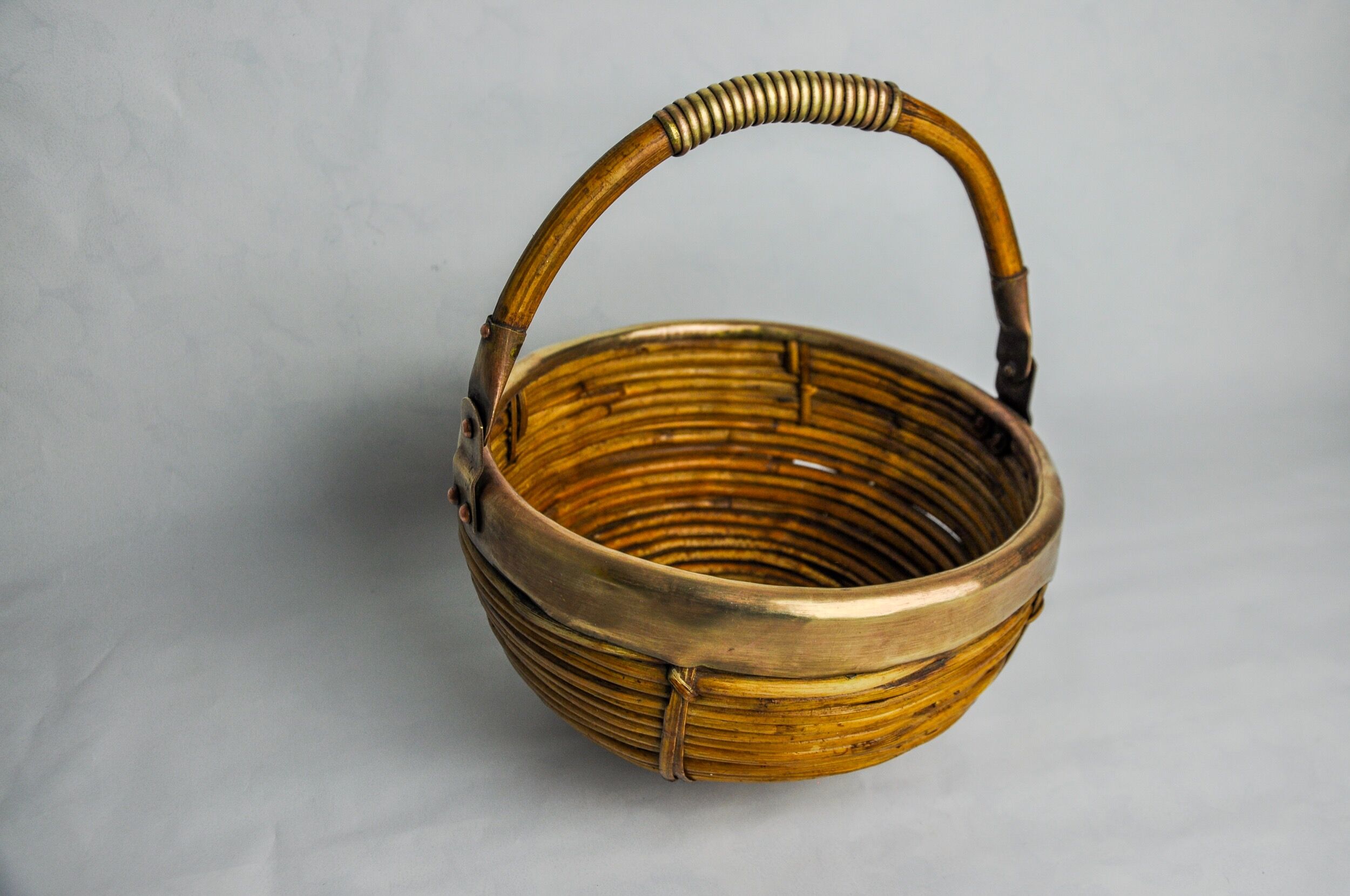 Rattan and brass basket, Italy, 1970