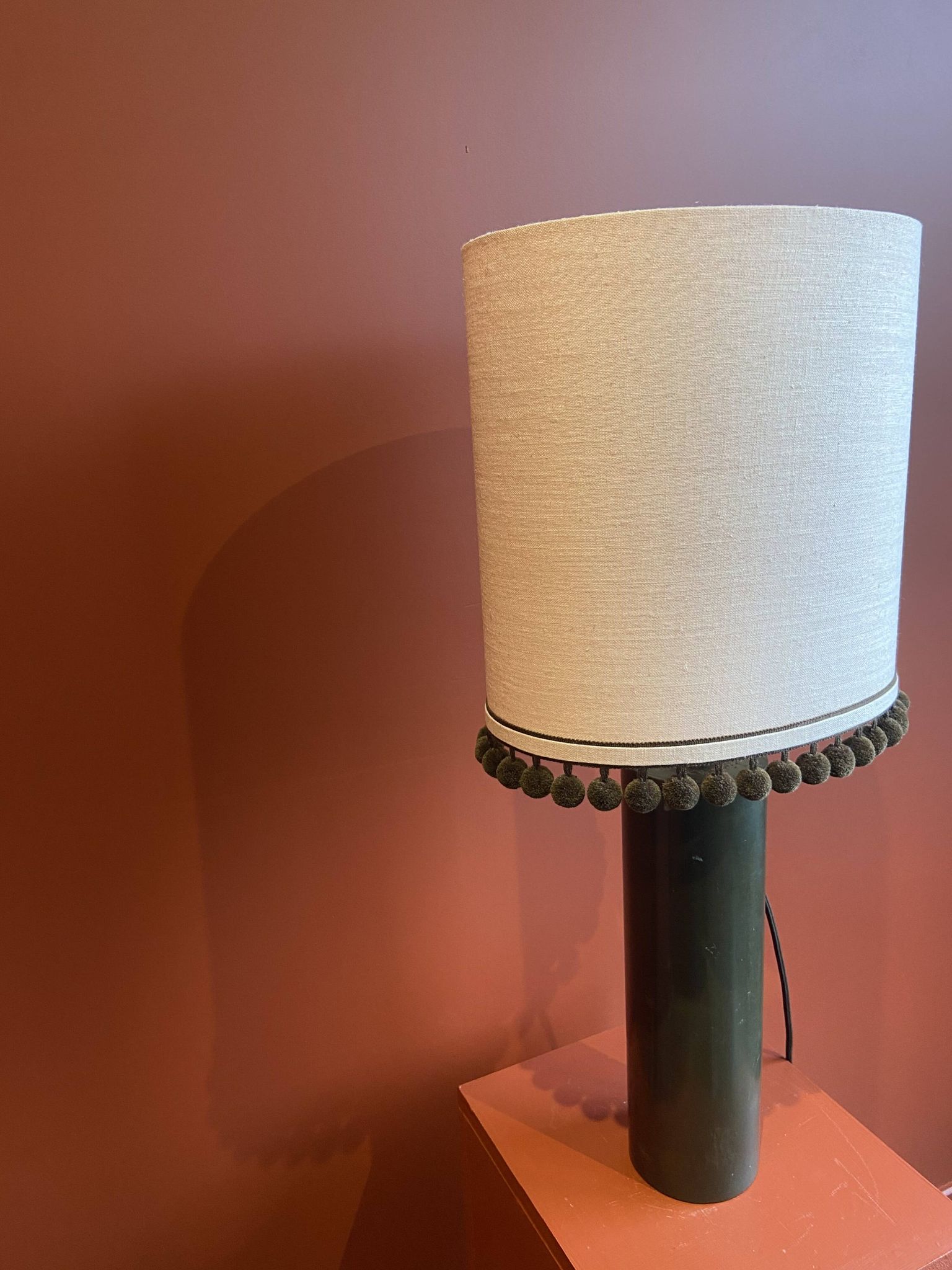 Copper "bouillotte" lamp with Ashoka Silk shade, pom-poms of c