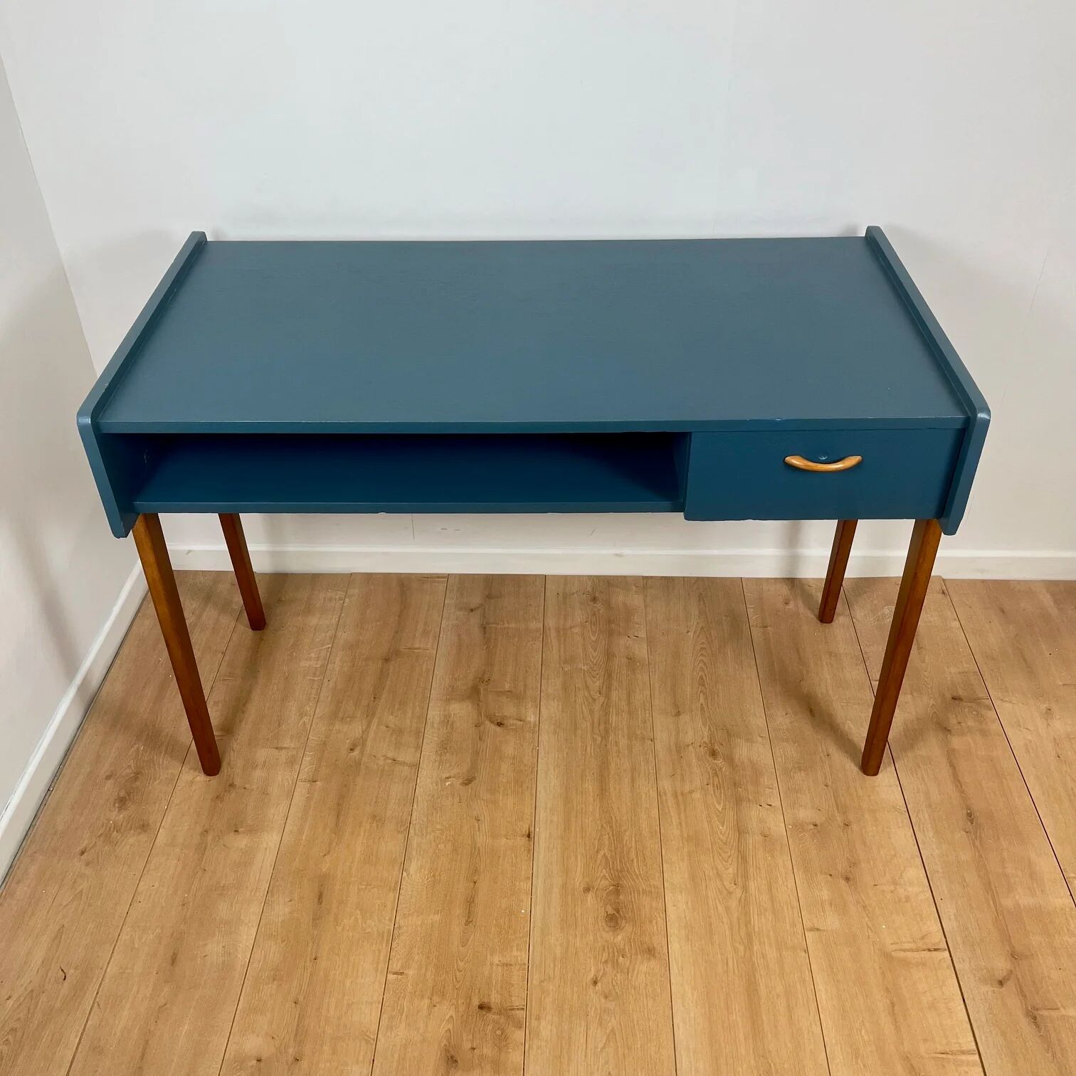 Vintage modernist desk in petrol blue, 1950s/60s.