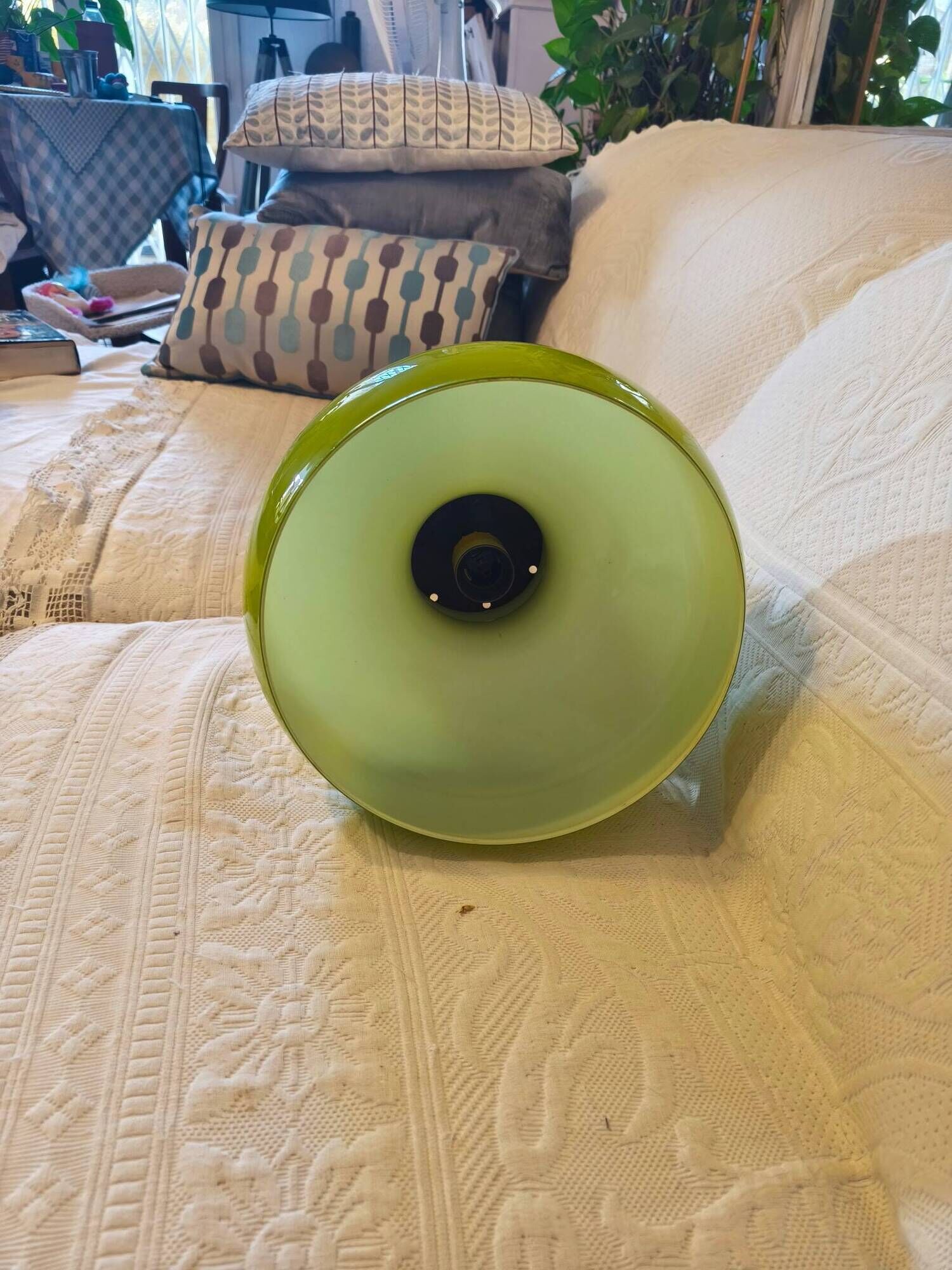 Sixties lustre. Opaline towards anise, white interior, brass stem.