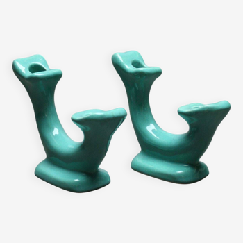 Turquoise pottery candle holders 1950, Vintage 1950s decoration