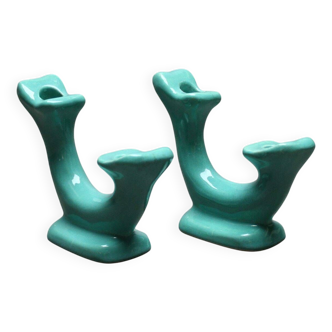 Turquoise pottery candle holders 1950, Vintage 1950s decoration