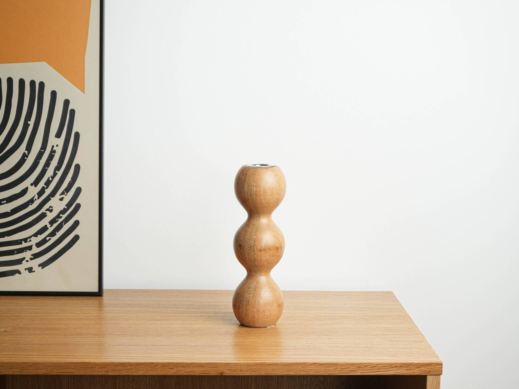 Turned wooden candlestick organic form 1970s European craftsmanship