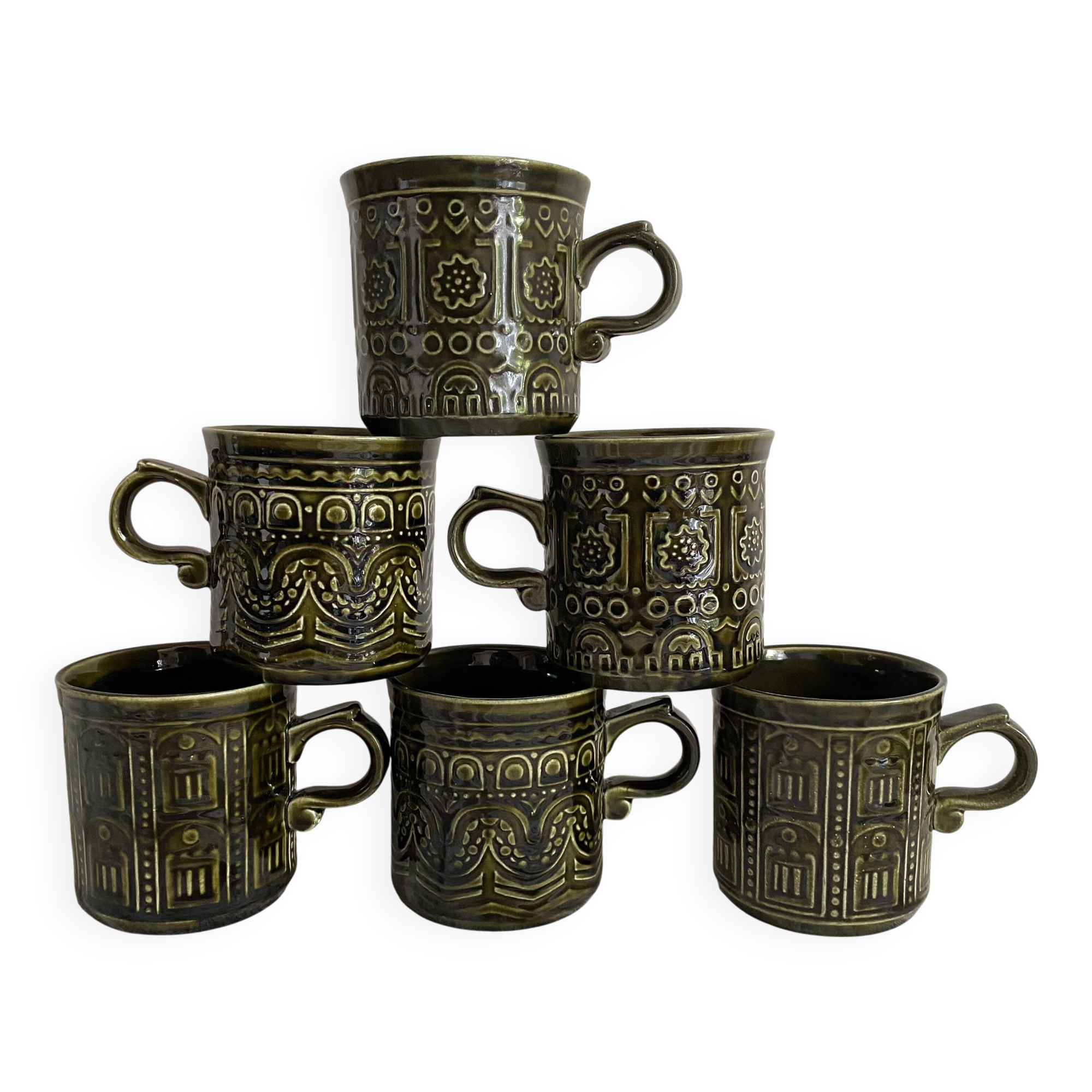 Khaki ceramic mugs England, 70s