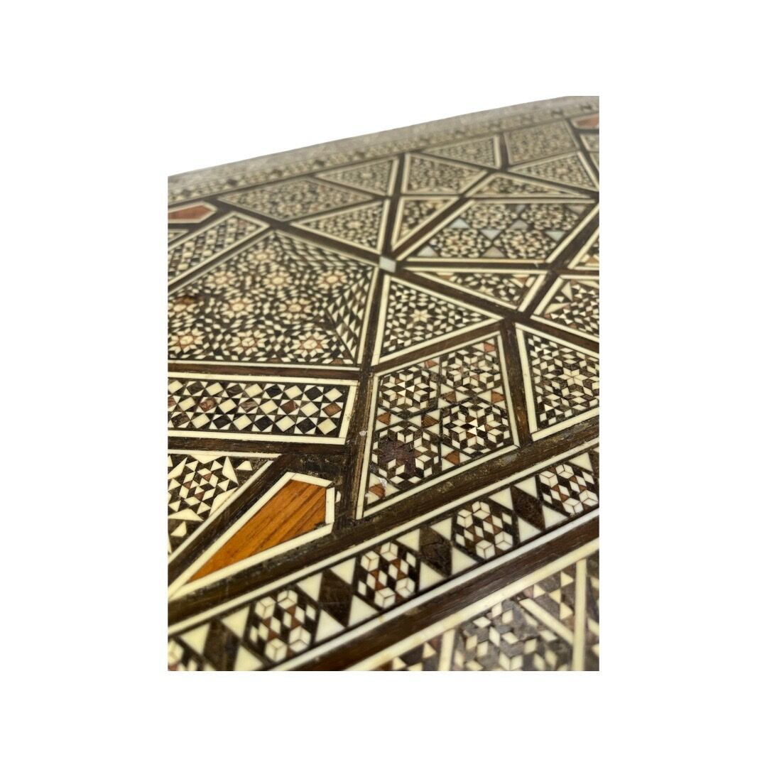 Large Persian marquetry box inlaid with its key