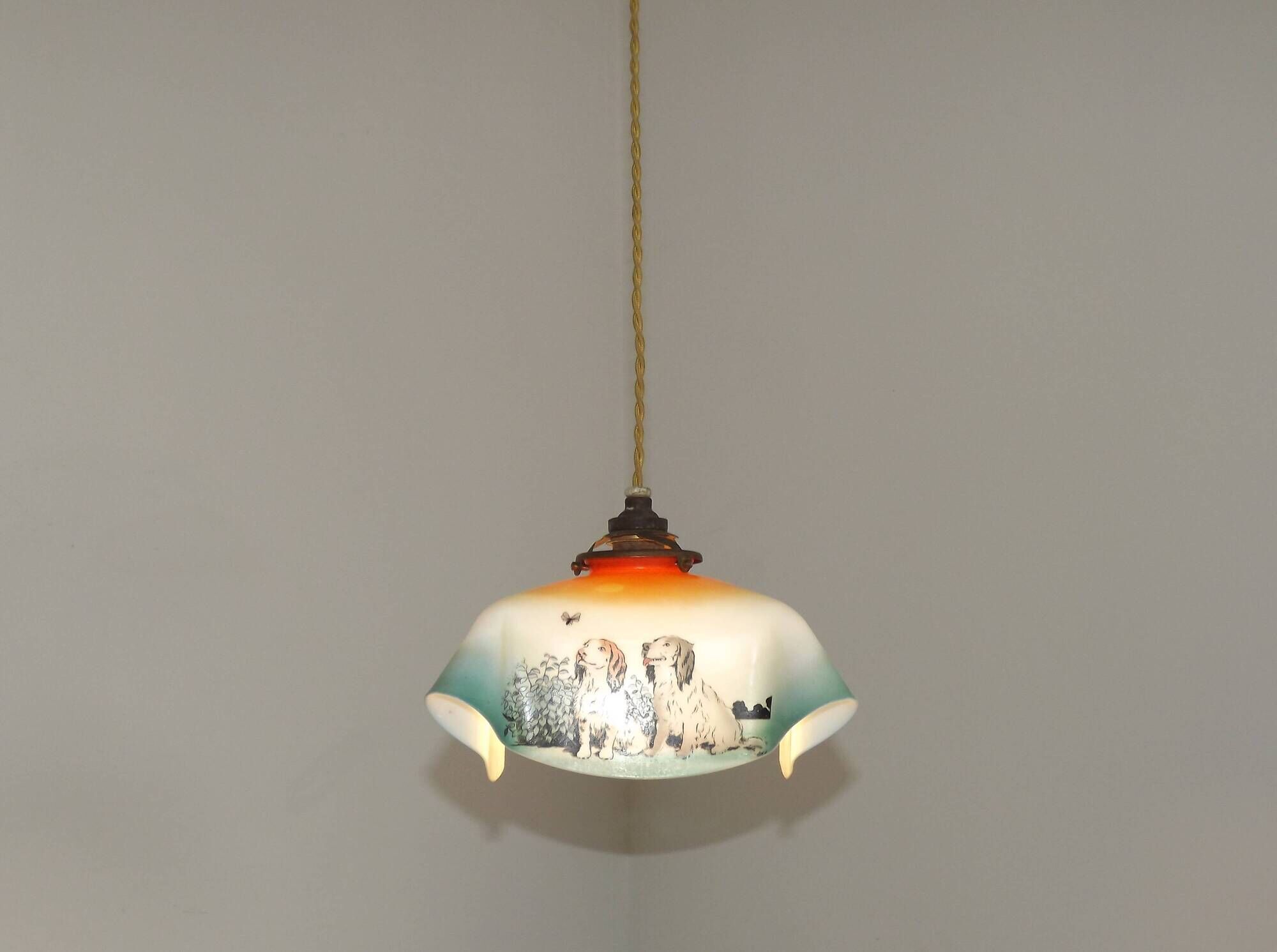 Rare French Art Deco Pendant Light | Illustrated Dog Countryside Shade
