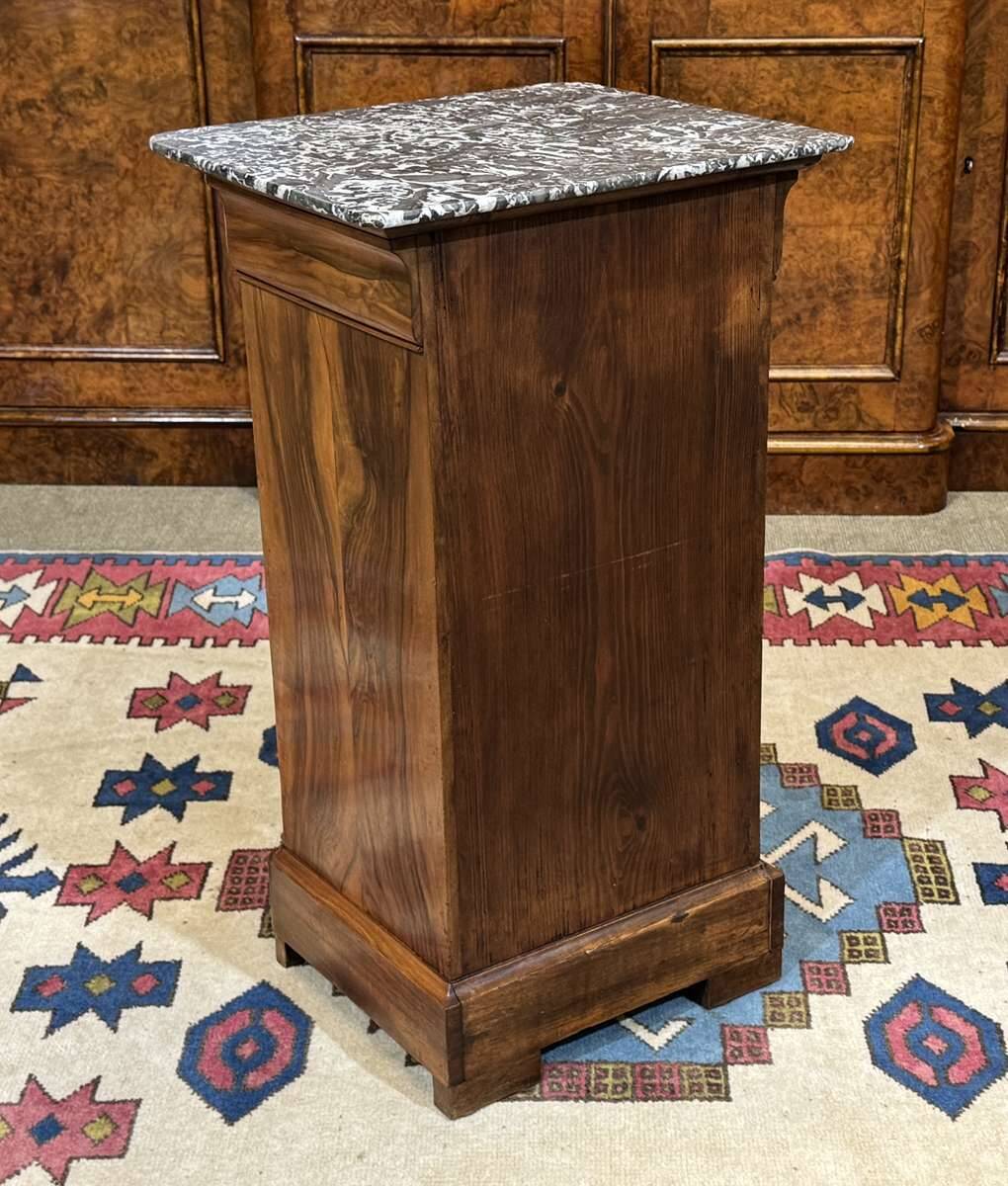 19th-century bedside table in walnut, oak, and marble top.