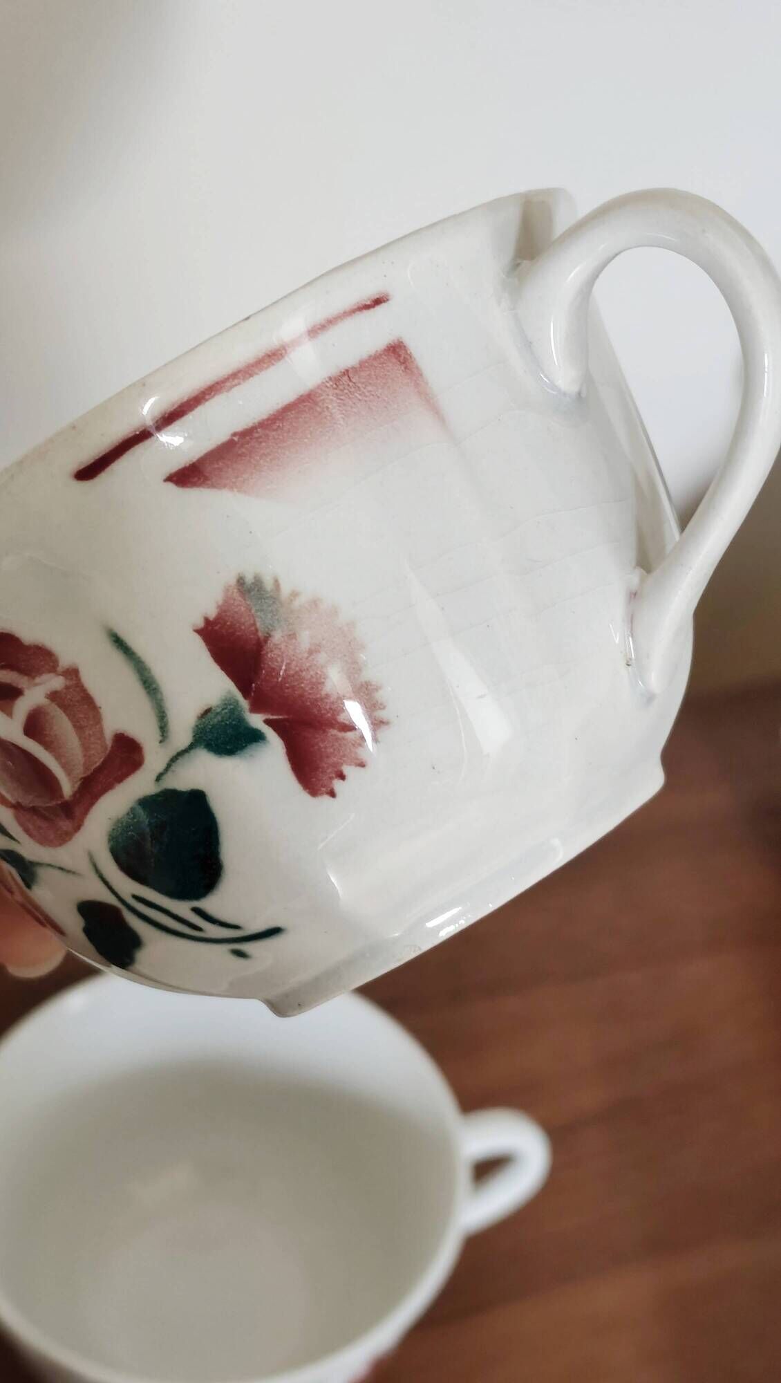 Trio of large antique chocolate cups (Fénal Badonviller – “Red Rose” decoration)
