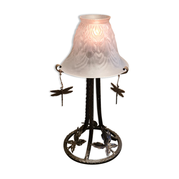 Lampe art nouveau fer forgé et tulipe verre opaque moulé 28x15 — Beyit