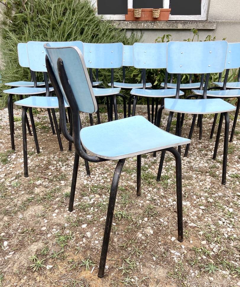 Set of 12 blue formica chairs