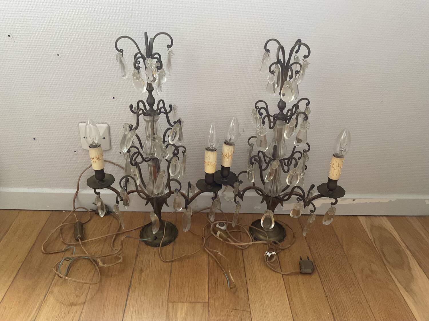 Pair of vintage bronze crystal chandeliers