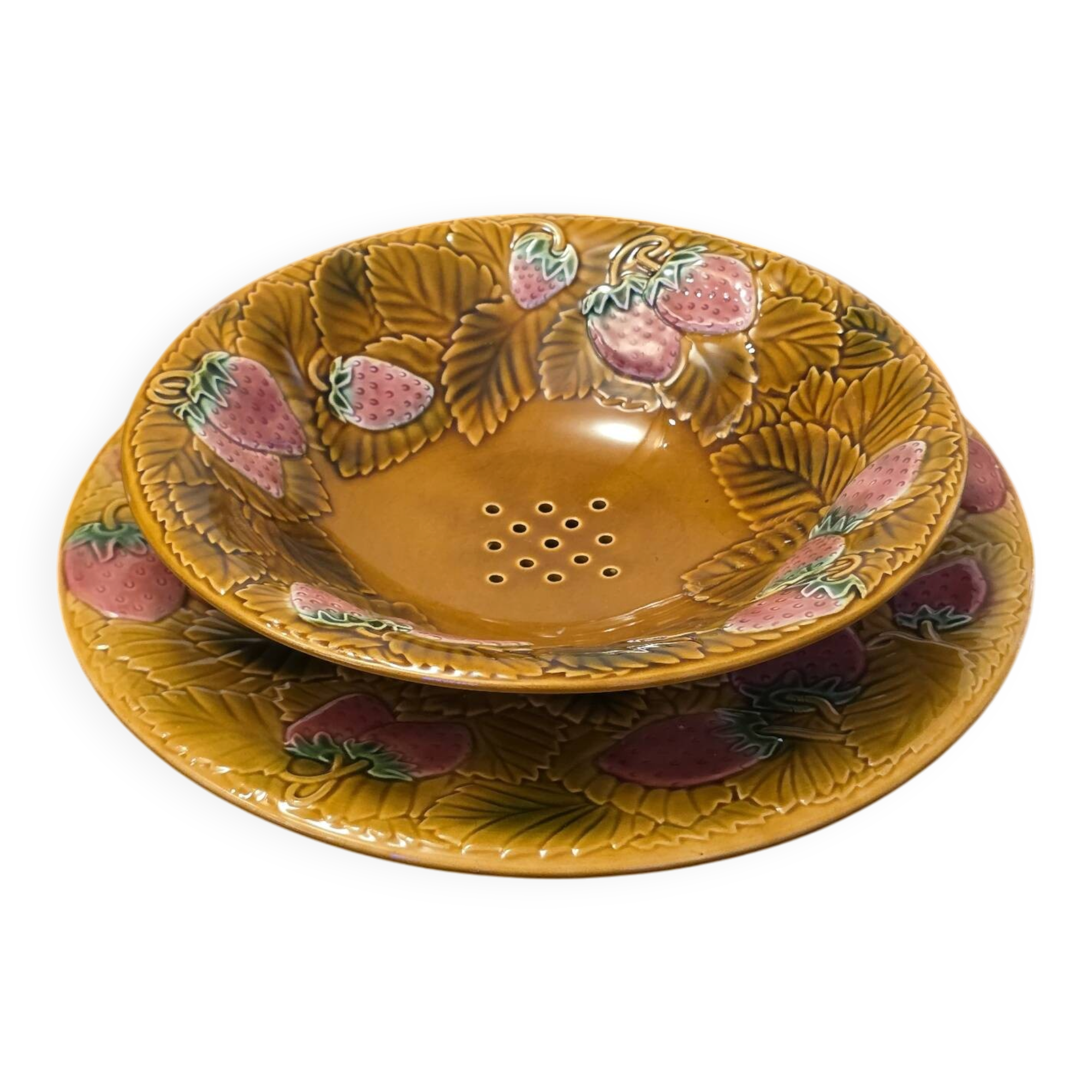 Fruit strainer in Barbotine and serving dish from Salin les Bains.