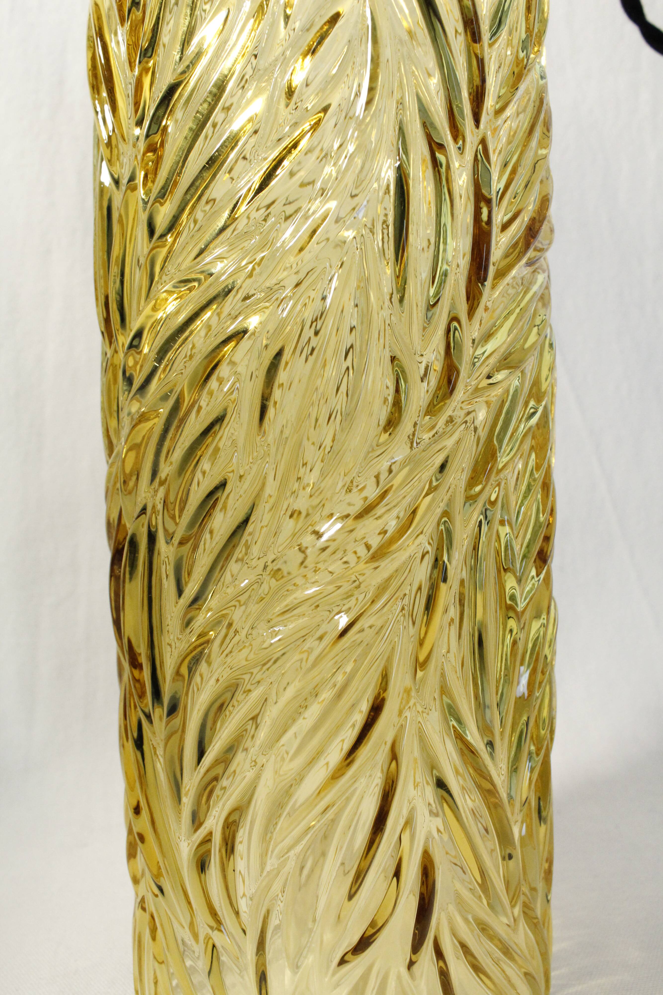 Vintage/art deco cylindrical pendant lamp in chiseled amber glass electrified