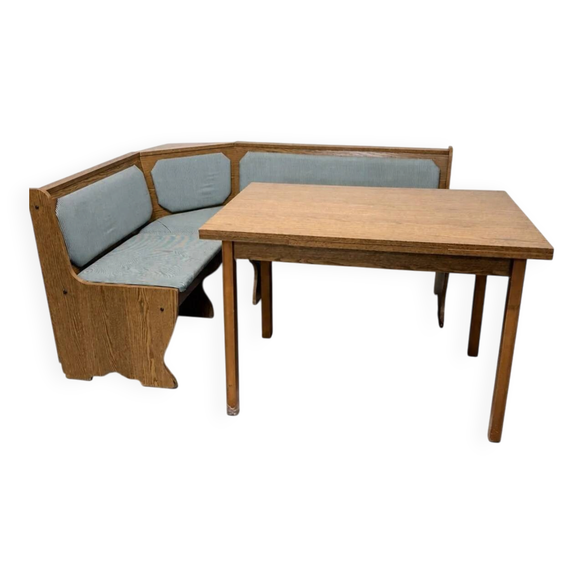 Ensemble vintage de coin repas en chêne — banquette, table extensible et 2 chaises
