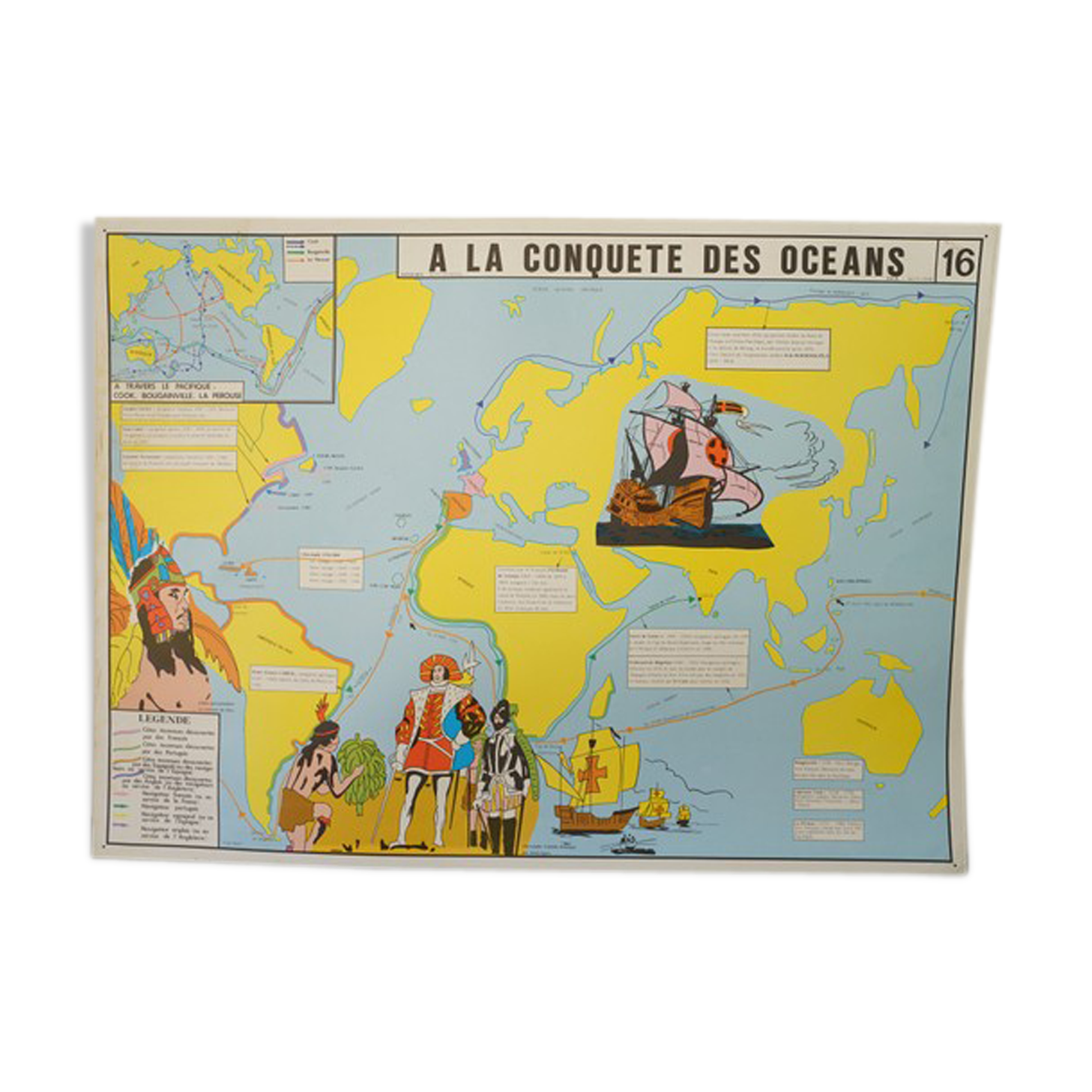 Affiche scolaire "conquêtes des océans"  recto  " la Renaissance" en verso
