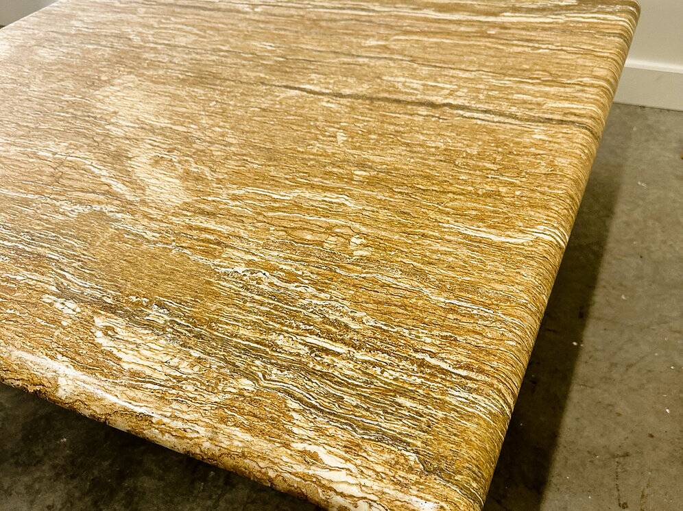 XL vintage square caramel travertine coffee table, 1980s