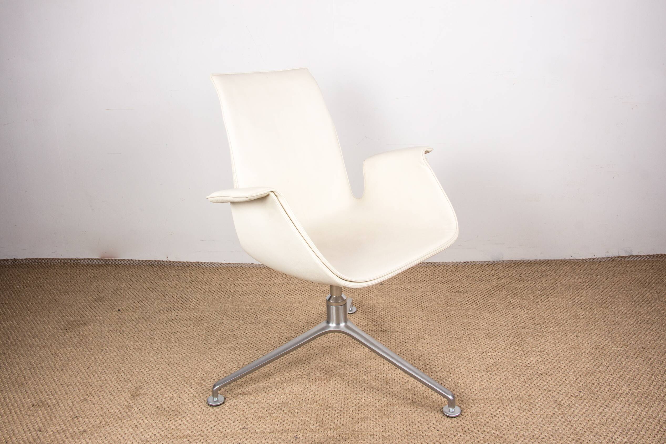 Danish armchair, white leather + chrome steel, model fk 6725 or “tulip chair”, preben fabricius/knoll