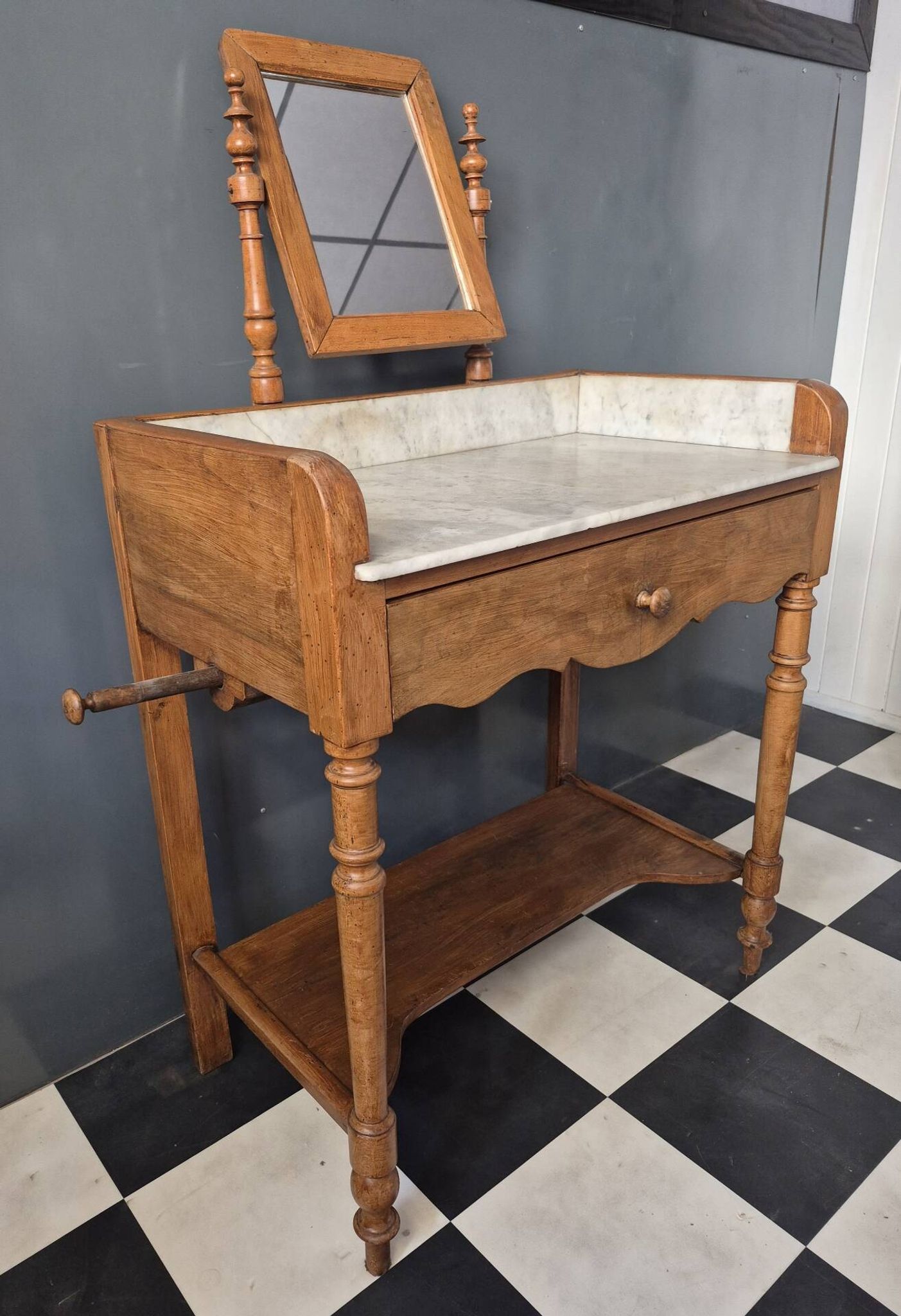 Antique dressing table with marble and solid wood with mirror.