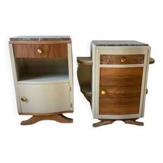 Paire de chevets art deco dépareillés vert et bois
